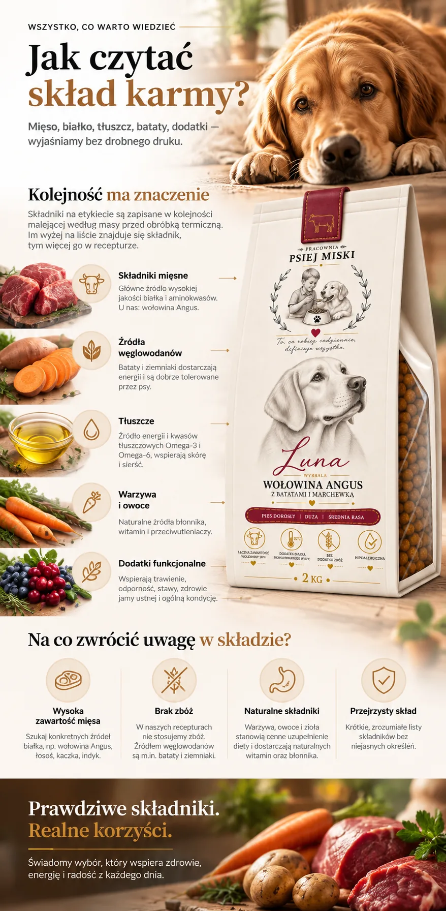 Jak czytać skład karmy — kolejność składników na etykiecie, źródła białka, węglowodanów, tłuszczów i dodatki funkcjonalne