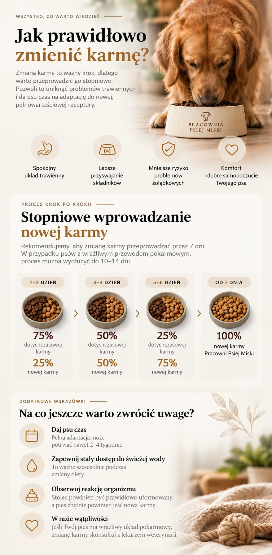 Jak prawidłowo zmienić karmę — stopniowe wprowadzanie nowej karmy przez 7 dni: 75/25, 50/50, 25/75 i 100% nowej karmy, dodatkowe wskazówki