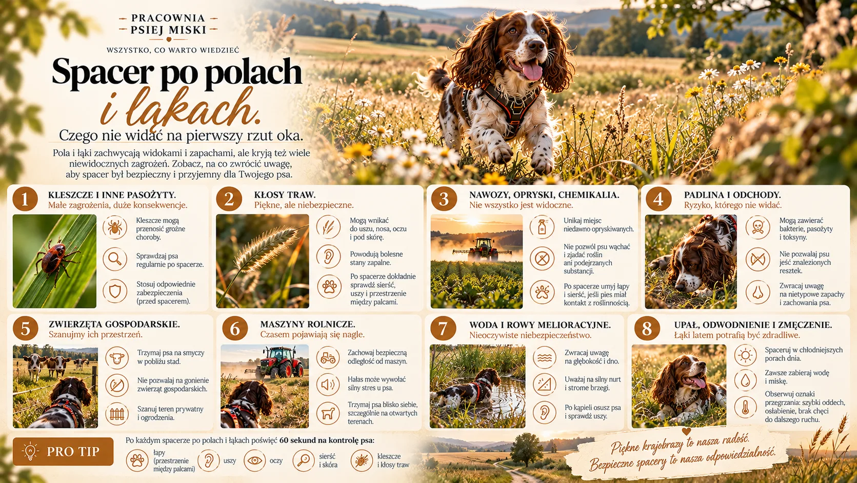 Spacer po polach i łąkach — kleszcze, kłosy traw, opryski, padlina, zwierzęta gospodarskie, maszyny rolnicze, woda i upał