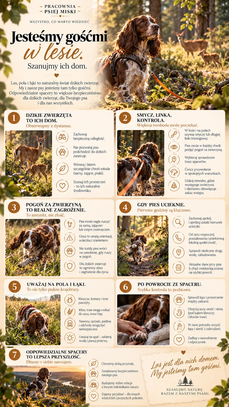 Jesteśmy gośćmi w lesie — dzikie zwierzęta, smycz i kontrola, pogoń za zwierzyną, gdy pies ucieknie, pola i łąki, kontrola po spacerze