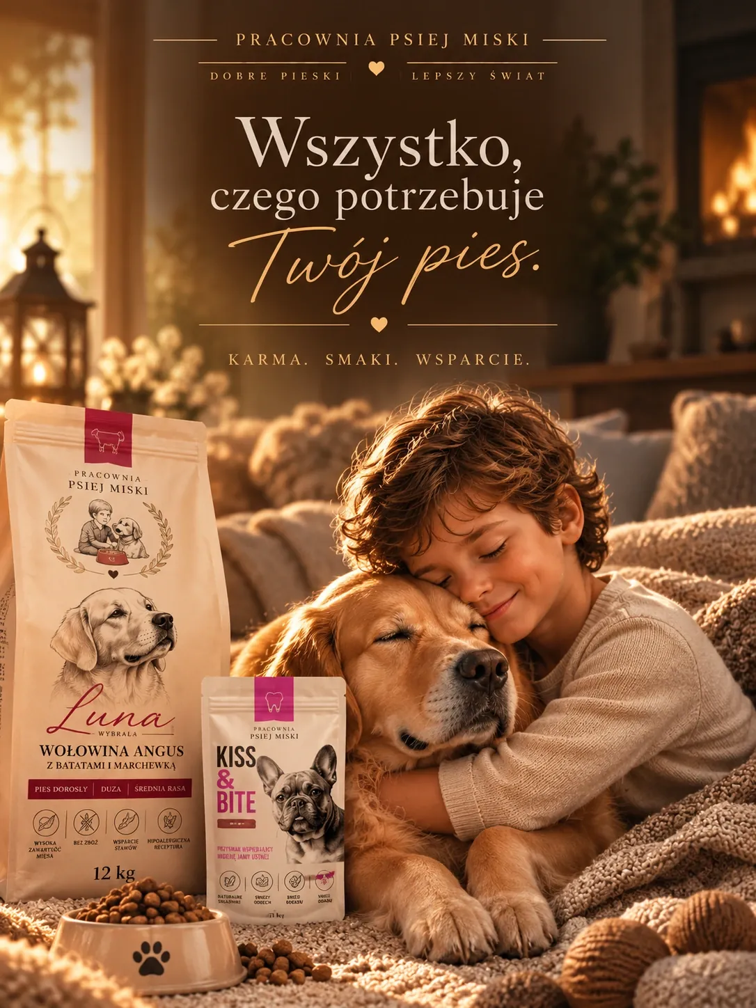 Chłopiec przytula psa Lunę obok karmy Wołowina Angus i przysmaku Kiss & Bite — Pracownia Psiej Miski