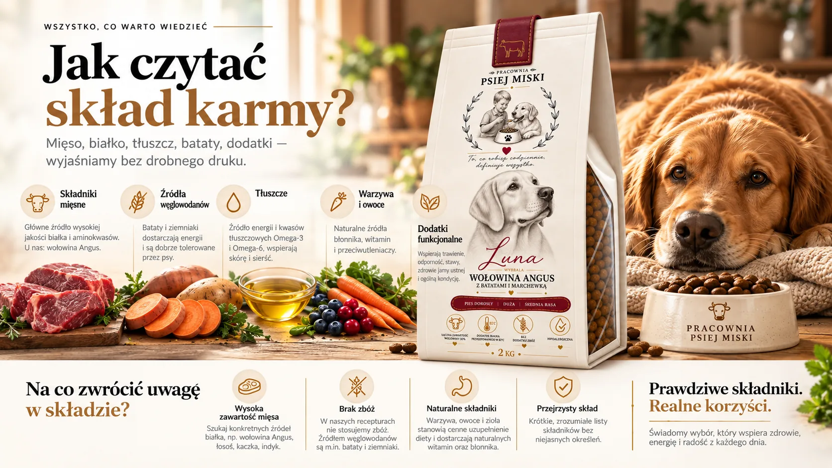 Jak czytać skład karmy — kolejność składników na etykiecie, źródła białka, węglowodanów, tłuszczów i dodatki funkcjonalne