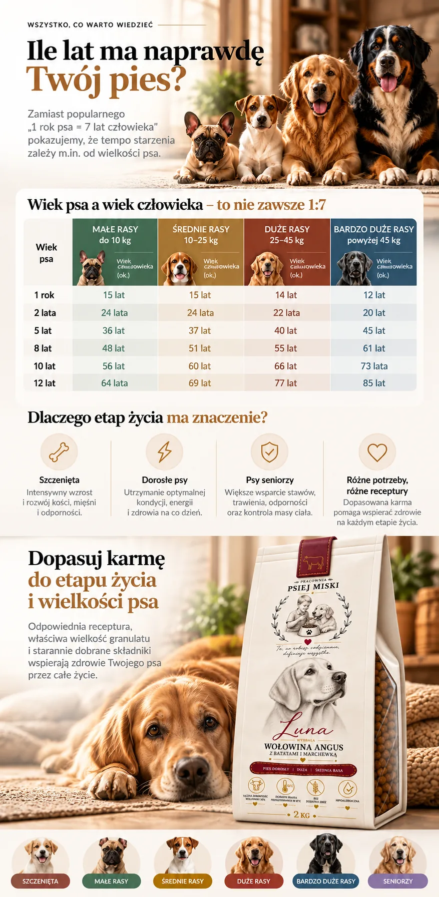 Ile lat ma naprawdę Twój pies — tabela przeliczenia wieku psa na wiek człowieka dla małych, średnich, dużych i bardzo dużych ras
