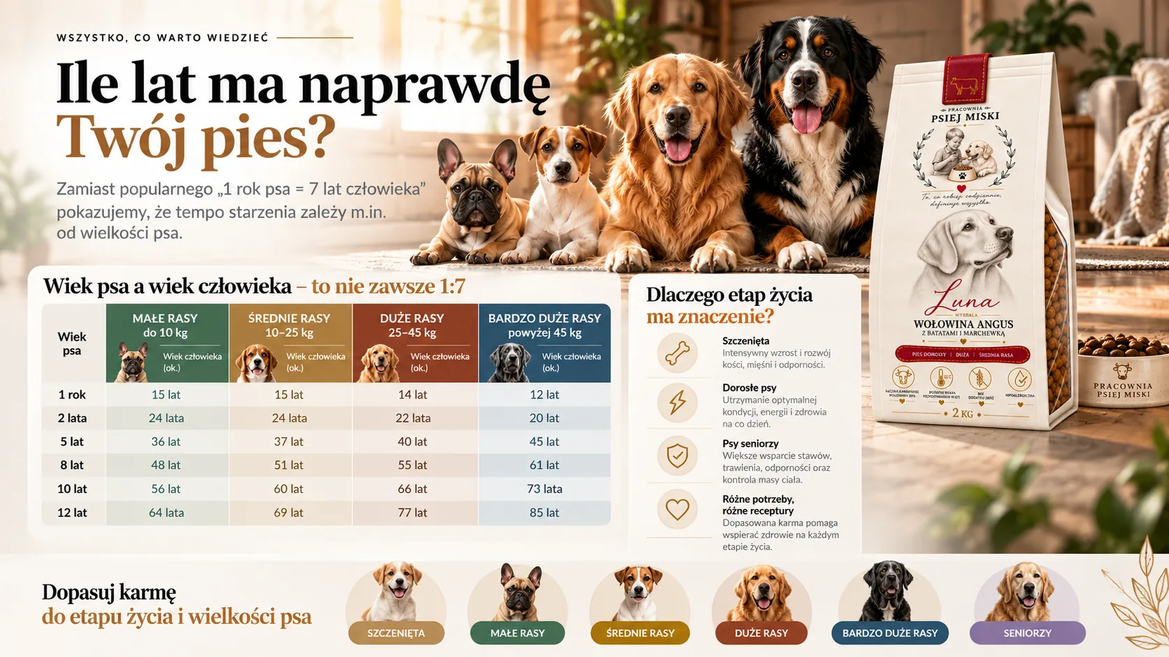 Ile lat ma naprawdę Twój pies — tabela przeliczenia wieku psa na wiek człowieka dla małych, średnich, dużych i bardzo dużych ras