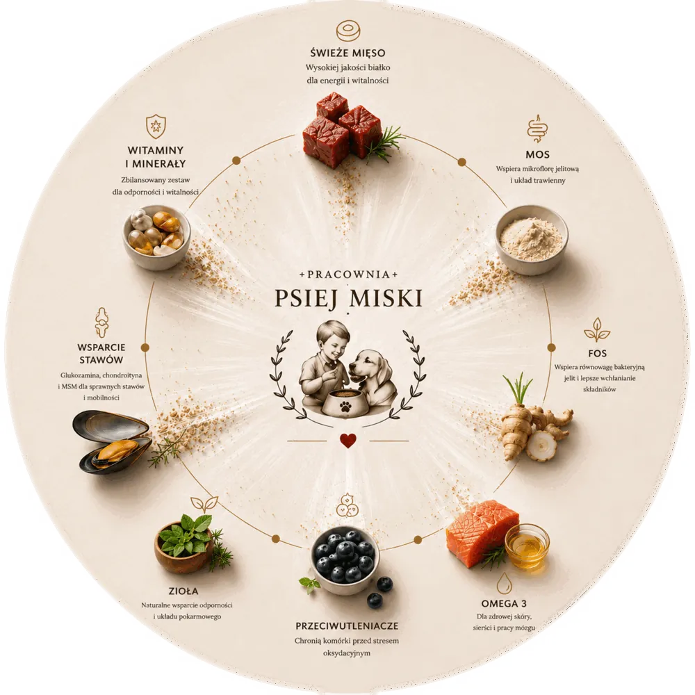 Koło składników Pracowni Psiej Miski — świeże mięso, MOS, FOS, Omega 3, przeciwutleniacze, zioła, wsparcie stawów, witaminy i minerały