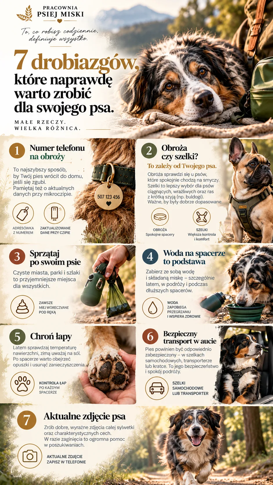 7 drobiazgów, które warto zrobić dla psa — numer telefonu na obroży, obroża czy szelki, sprzątanie, woda, ochrona łap, transport w aucie, aktualne zdjęcie