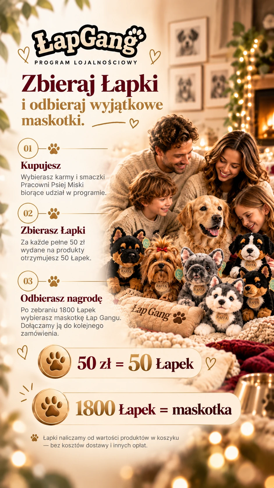 Łap Gang — program lojalnościowy. Zbieraj Łapki i odbieraj wyjątkowe maskotki. 1. Kupujesz: wybierasz karmy i smaczki Pracowni Psiej Miski biorące udział w programie. 2. Zbierasz Łapki: za każde pełne 50 zł wydane na produkty otrzymujesz 50 Łapek. 3. Odbierasz nagrodę: po zebraniu 1800 Łapek wybierasz maskotkę Łap Gangu, dołączamy ją do kolejnego zamówienia. 50 zł = 50 Łapek. 1800 Łapek = maskotka. Łapki naliczamy od wartości produktów w koszyku — bez kosztów dostawy i innych opłat.