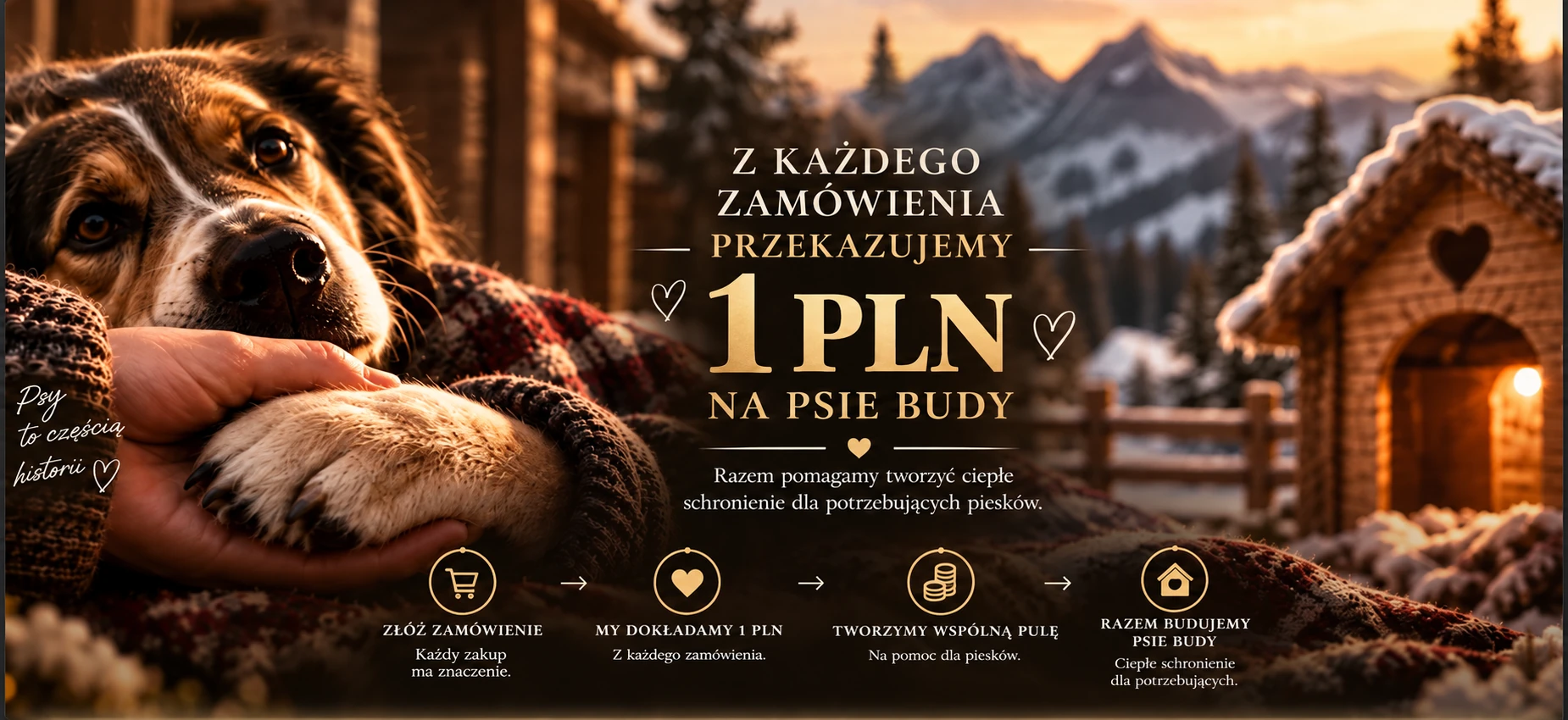Z każdego zamówienia przekazujemy 1 zł na ciepłe psie budy — razem pomagamy tworzyć ciepłe schronienie dla potrzebujących piesków